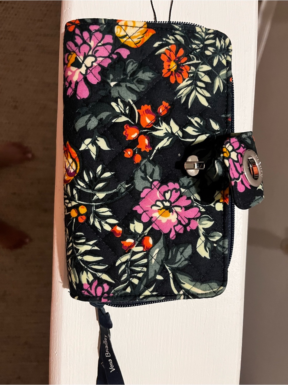 Vera Bradley Black Quilted Wallet with Pink and Orange Floral Print